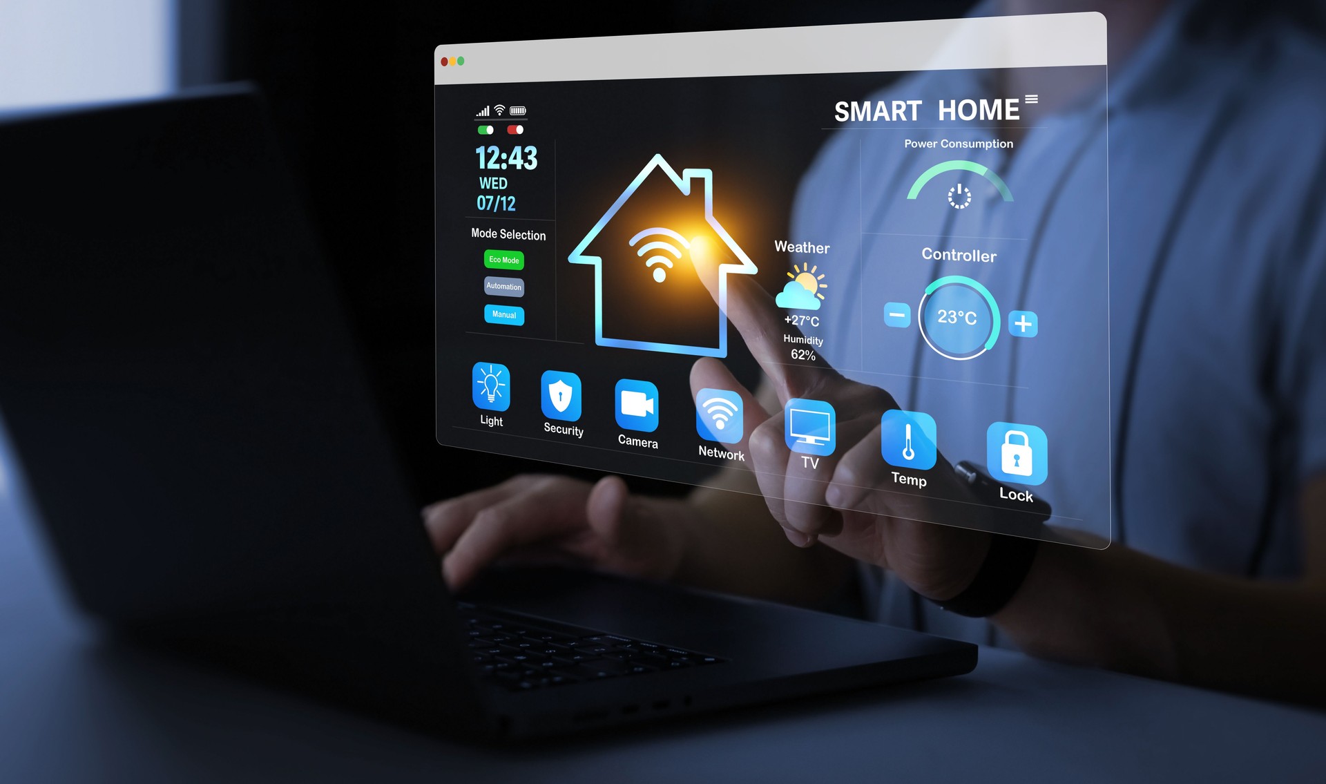 Person using digital dashboard of smart home app for control home appliances. Technology assistant for smart devices,intelligent house or smart home technology.