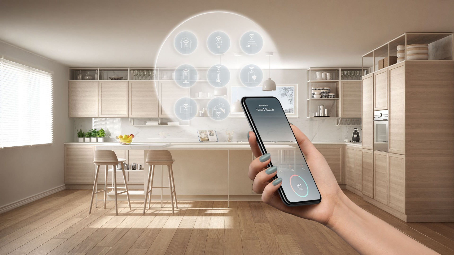 Smart home technology interface on phone app, augmented reality, internet of things, interior design of modern kitchen with connected objects, woman hand holding remote control device